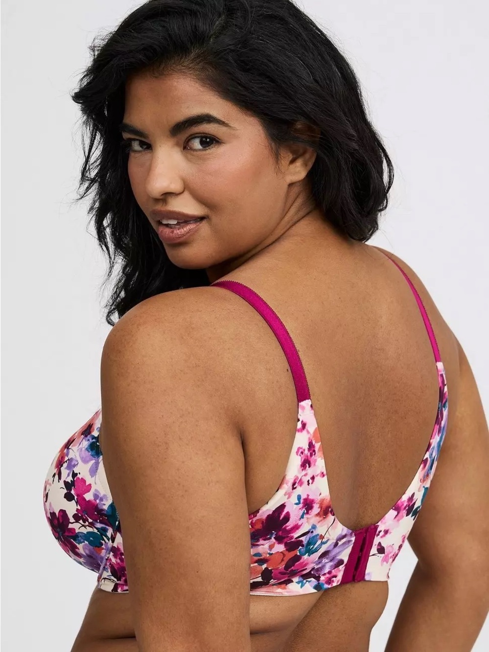 Floral Lace-Up XO Plunge Push Up Underwire Bra in Cream and Magenta - Picture 3 of 8